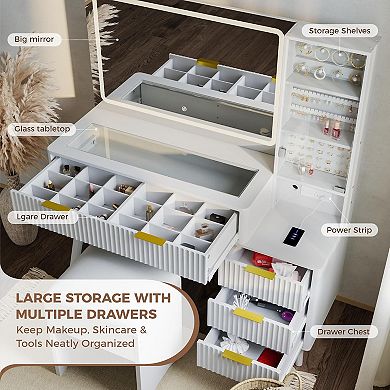 48" Fluted Vanity Desk with Lighted Mirror, Charging & Stool, Natural Wood