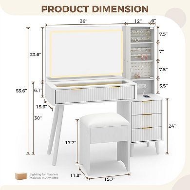 48" Fluted Vanity Desk with Lighted Mirror, Charging & Stool, Natural Wood