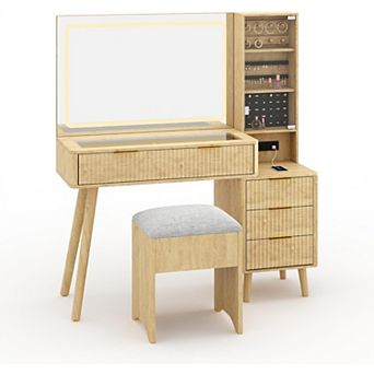 48" Fluted Vanity Desk with Lighted Mirror, Charging & Stool, Natural Wood