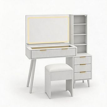 48" Fluted Vanity Desk with Lighted Mirror, Charging & Stool, Natural Wood