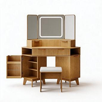 Corner Vanity Desk with Glass Top, Mirror, Lights & Chair, Natural Wood