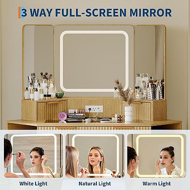 Corner Vanity Desk with Glass Top, Mirror, Lights & Chair, Natural Wood