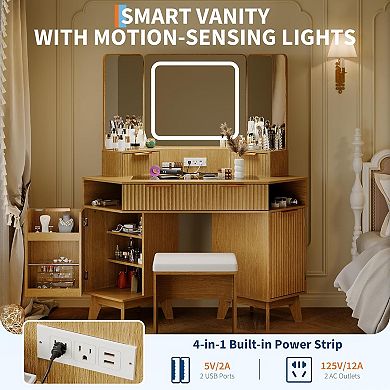Corner Vanity Desk with Glass Top, Mirror, Lights & Chair, Natural Wood