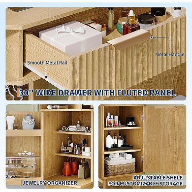 Corner Vanity Desk with Glass Top, Mirror, Lights & Chair, Natural Wood