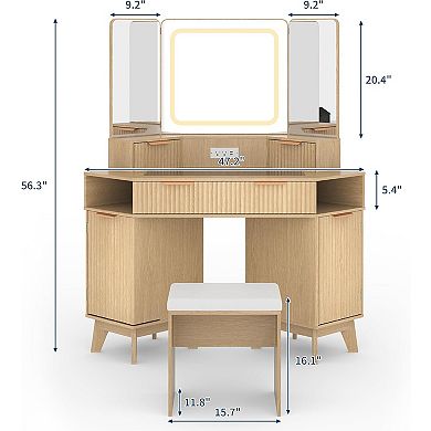 Corner Vanity Desk with Glass Top, Mirror, Lights & Chair, Natural Wood