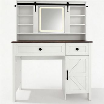 Vanity Desk with Lighted Mirror, Charging Station, Storage Stool & Shelves