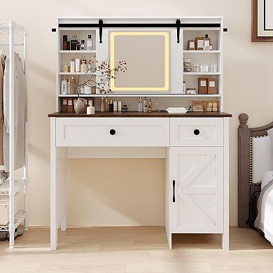 Vanity Desk with Lighted Mirror, Charging Station, Storage Stool & Shelves