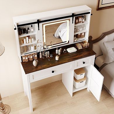 Vanity Desk with Lighted Mirror, Charging Station, Storage Stool & Shelves