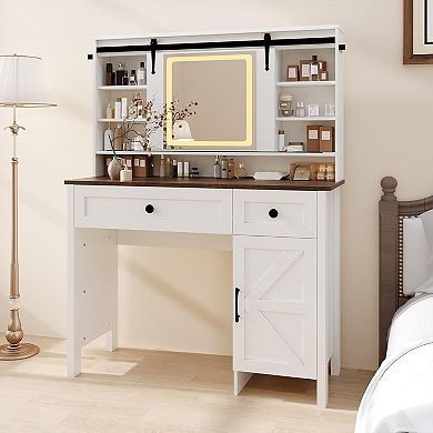 Vanity Desk with Lighted Mirror, Charging Station, Storage Stool & Shelves