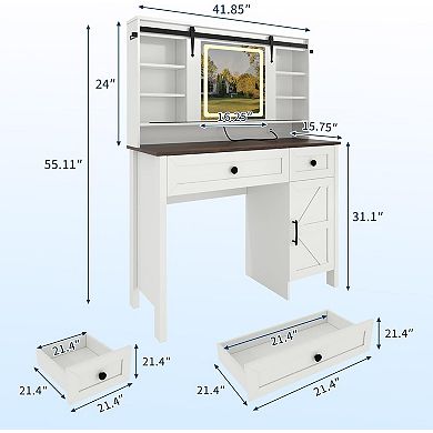 Vanity Desk with Lighted Mirror, Charging Station, Storage Stool & Shelves