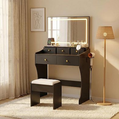 5-Drawer LED Vanity Desk with Mirror, Power Outlet & Stool