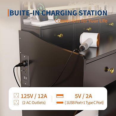 5-Drawer LED Vanity Desk with Mirror, Power Outlet & Stool