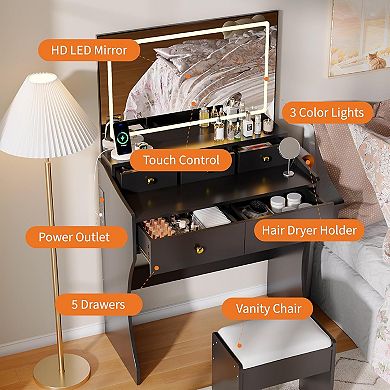 5-Drawer LED Vanity Desk with Mirror, Power Outlet & Stool