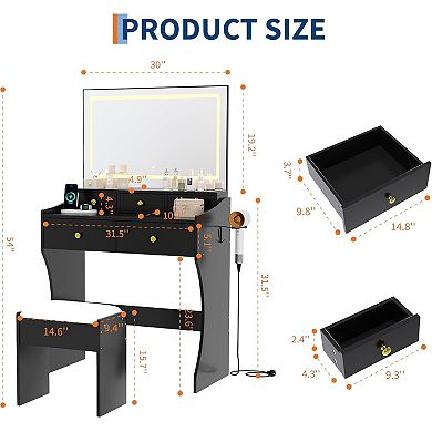 5-Drawer LED Vanity Desk with Mirror, Power Outlet & Stool