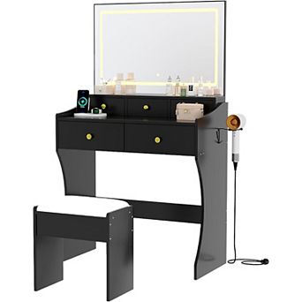 5-Drawer LED Vanity Desk with Mirror, Power Outlet & Stool