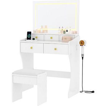 5-Drawer LED Vanity Desk with Mirror, Power Outlet & Stool