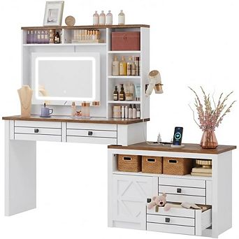 White Vanity Desk with LED Mirror, 5 Drawers, 7 Shelves, Outlets & Hair Dryer Rack
