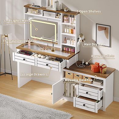 White Vanity Desk with LED Mirror, 5 Drawers, 7 Shelves, Outlets & Hair Dryer Rack