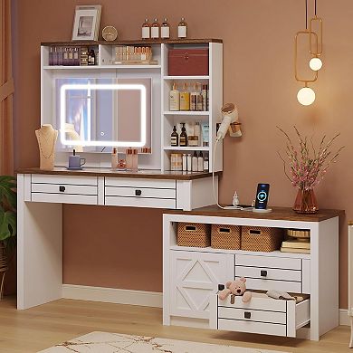 White Vanity Desk with LED Mirror, 5 Drawers, 7 Shelves, Outlets & Hair Dryer Rack