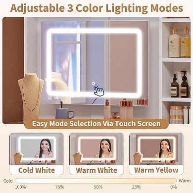 White Vanity Desk with LED Mirror, 5 Drawers, 7 Shelves, Outlets & Hair Dryer Rack
