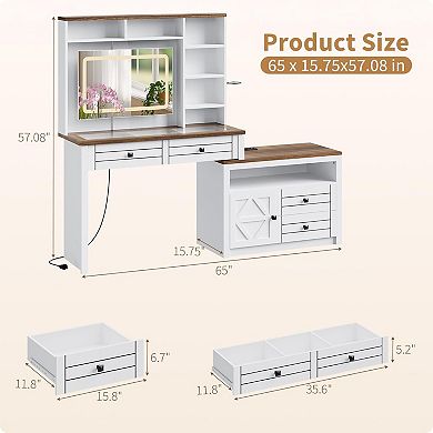 White Vanity Desk with LED Mirror, 5 Drawers, 7 Shelves, Outlets & Hair Dryer Rack