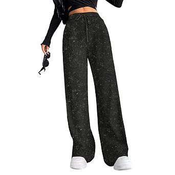 Women's Sparkly Star Drawstring Waist Wide Leg Pants Elastic Waist Rhinestone Glitter Casual Pants