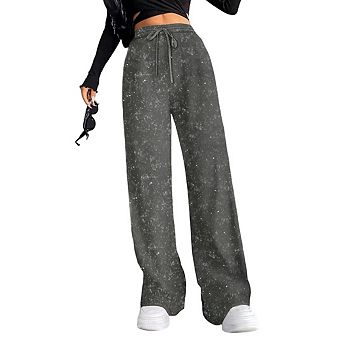 Women's Sparkly Star Drawstring Waist Wide Leg Pants Elastic Waist Rhinestone Glitter Casual Pants