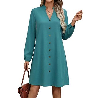Dresses for Women Long Sleeve V Neck Button Trim T Shirt Dress Business Casual A Line Shift Dress