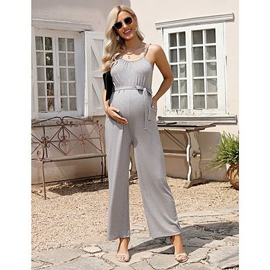 Women's Maternity U Neck Sleeveless Jumpsuits Loose Adjustable Spaghetti Tie Waist with Pockets