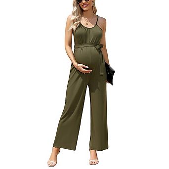 Women's Maternity U Neck Sleeveless Jumpsuits Loose Adjustable Spaghetti Tie Waist with Pockets