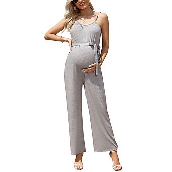 Women's Maternity U Neck Sleeveless Jumpsuits Loose Adjustable Spaghetti Tie Waist with Pockets
