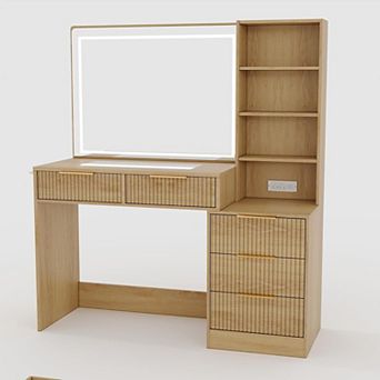 Vanity with HD Mirror, Lights, Outlet, 5 Drawers, Glass Top & Hairdryer Rack