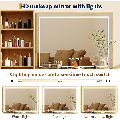 Vanity with HD Mirror, Lights, Outlet, 5 Drawers, Glass Top & Hairdryer Rack