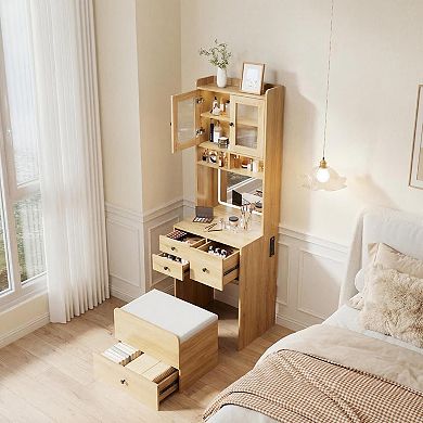 Makeup Vanity Desk, Small Makeup Set with 4 Drawers, Cabinet & Chair, 3 Lighting Modes,Black