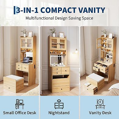 Makeup Vanity Desk, Small Makeup Set with 4 Drawers, Cabinet & Chair, 3 Lighting Modes,Black