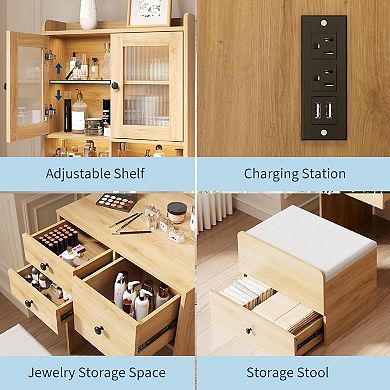 Makeup Vanity Desk, Small Makeup Set with 4 Drawers, Cabinet & Chair, 3 Lighting Modes,Black