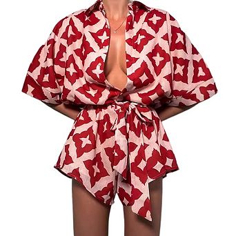 Women's Boho Print Romper Short Sleeves Tie Waist Tropical Resort Vacation Outfits