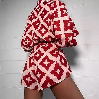 Women's Boho Print Romper Short Sleeves Tie Waist Tropical Resort Vacation Outfits