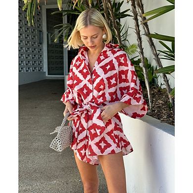 Women's Boho Print Romper Short Sleeves Tie Waist Tropical Resort Vacation Outfits