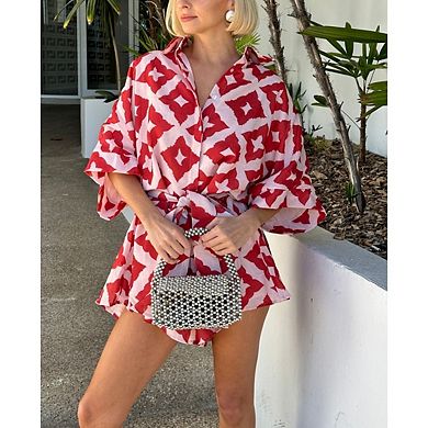 Women's Boho Print Romper Short Sleeves Tie Waist Tropical Resort Vacation Outfits