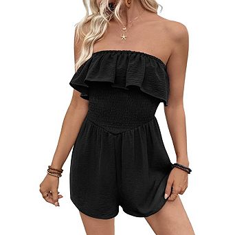 Women Summer Casual Strapless Halter Romper with Ruffle Detail Y2K Beach Vacation Clothes