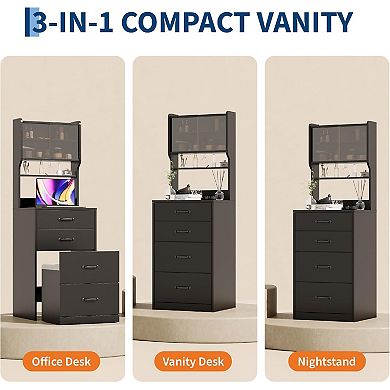 3-in-1 LED Makeup Vanity with Mirror, Outlets, Drawers, Jewelry Box & Hidden Stool