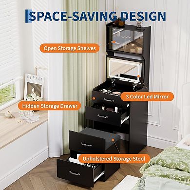 3-in-1 LED Makeup Vanity with Mirror, Outlets, Drawers, Jewelry Box & Hidden Stool