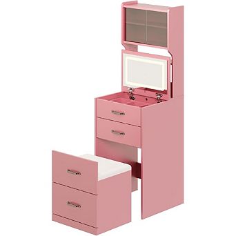 3-in-1 LED Makeup Vanity with Mirror, Outlets, Drawers, Jewelry Box & Hidden Stool
