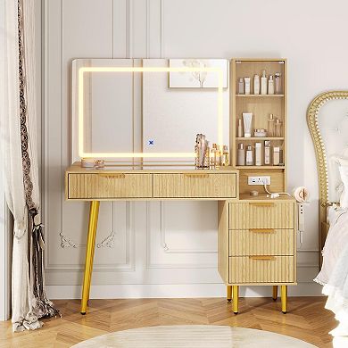 48" Modern Fluted Vanity: Large 36" LED Mirror, Glass Top, 5 Drawers, 3 Shelves & Outlets