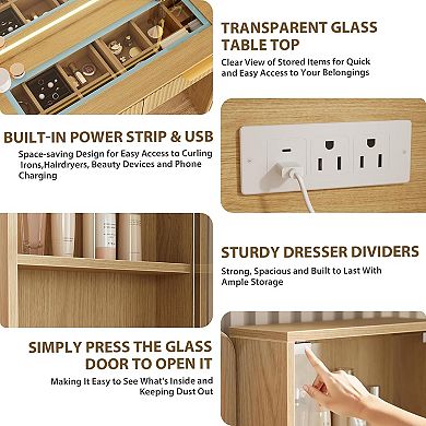 48" Modern Fluted Vanity: Large 36" LED Mirror, Glass Top, 5 Drawers, 3 Shelves & Outlets