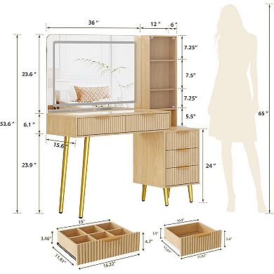 48" Modern Fluted Vanity: Large 36" LED Mirror, Glass Top, 5 Drawers, 3 Shelves & Outlets