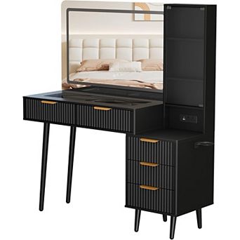 48" Modern Fluted Vanity: Large 36" LED Mirror, Glass Top, 5 Drawers, 3 Shelves & Outlets