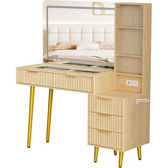 48" Modern Fluted Vanity: Large 36" LED Mirror, Glass Top, 5 Drawers, 3 Shelves & Outlets