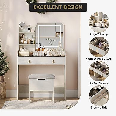 Vanity Set with Lighted Mirror, Charging, 2 Drawers & 4 Shelves